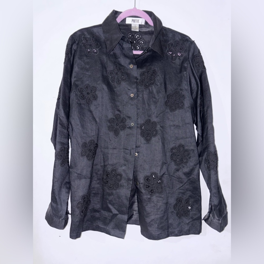 Black Eyelet Detail Button-Down Shirt